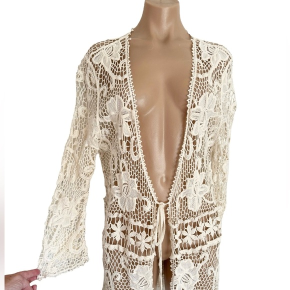 Vintage Style open weave Crochet Grandmacore bohemian Tie String Cardigan - Picture 2 of 8